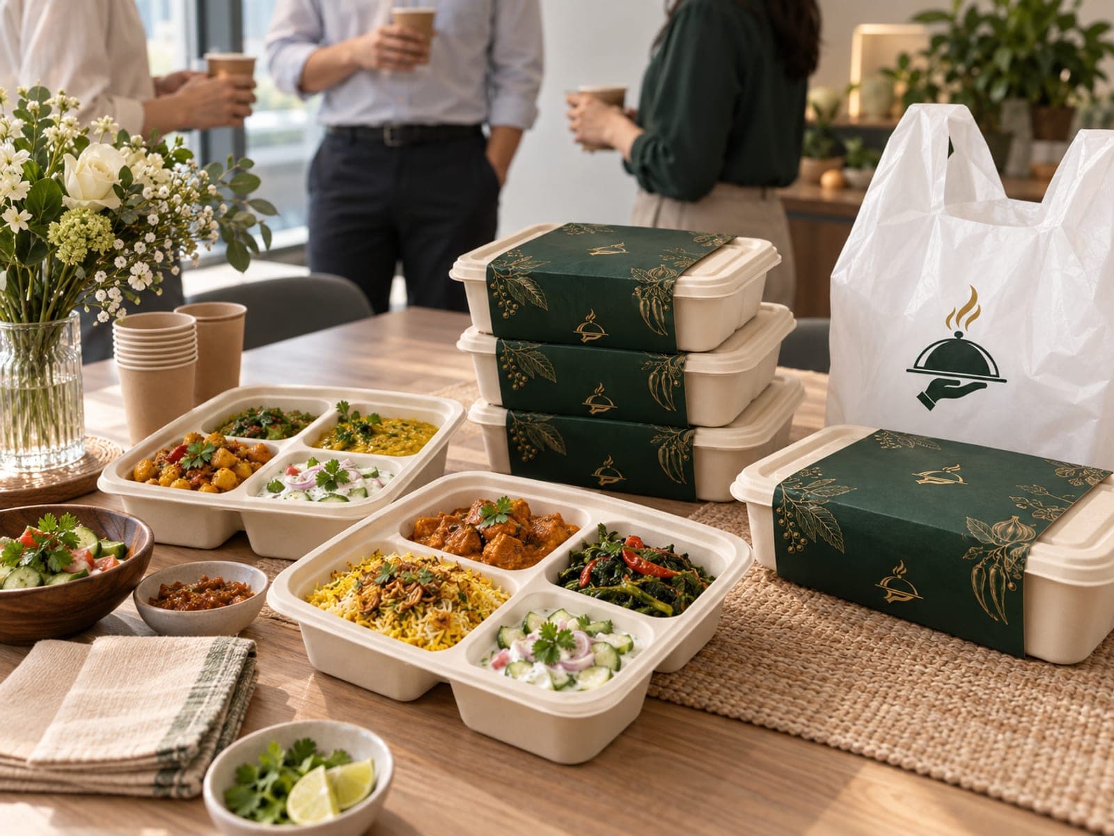 An office pantry counter set with meal boxes for a team celebration