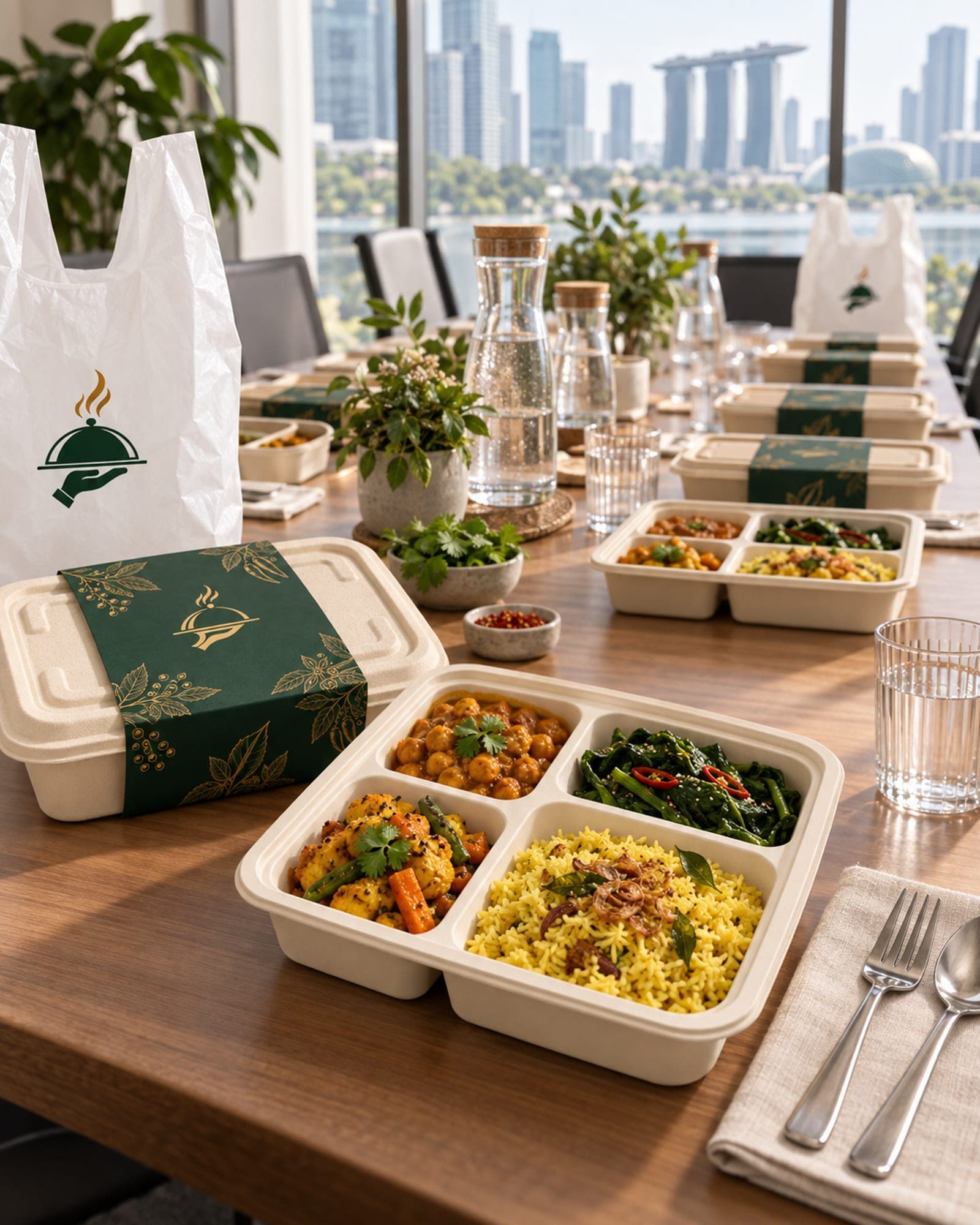 A catering spread of Spice & Well meal boxes laid out on an office meeting table