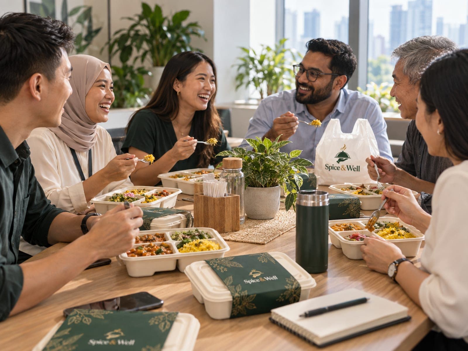 Colleagues sharing lunch boxes around a long table at a team day