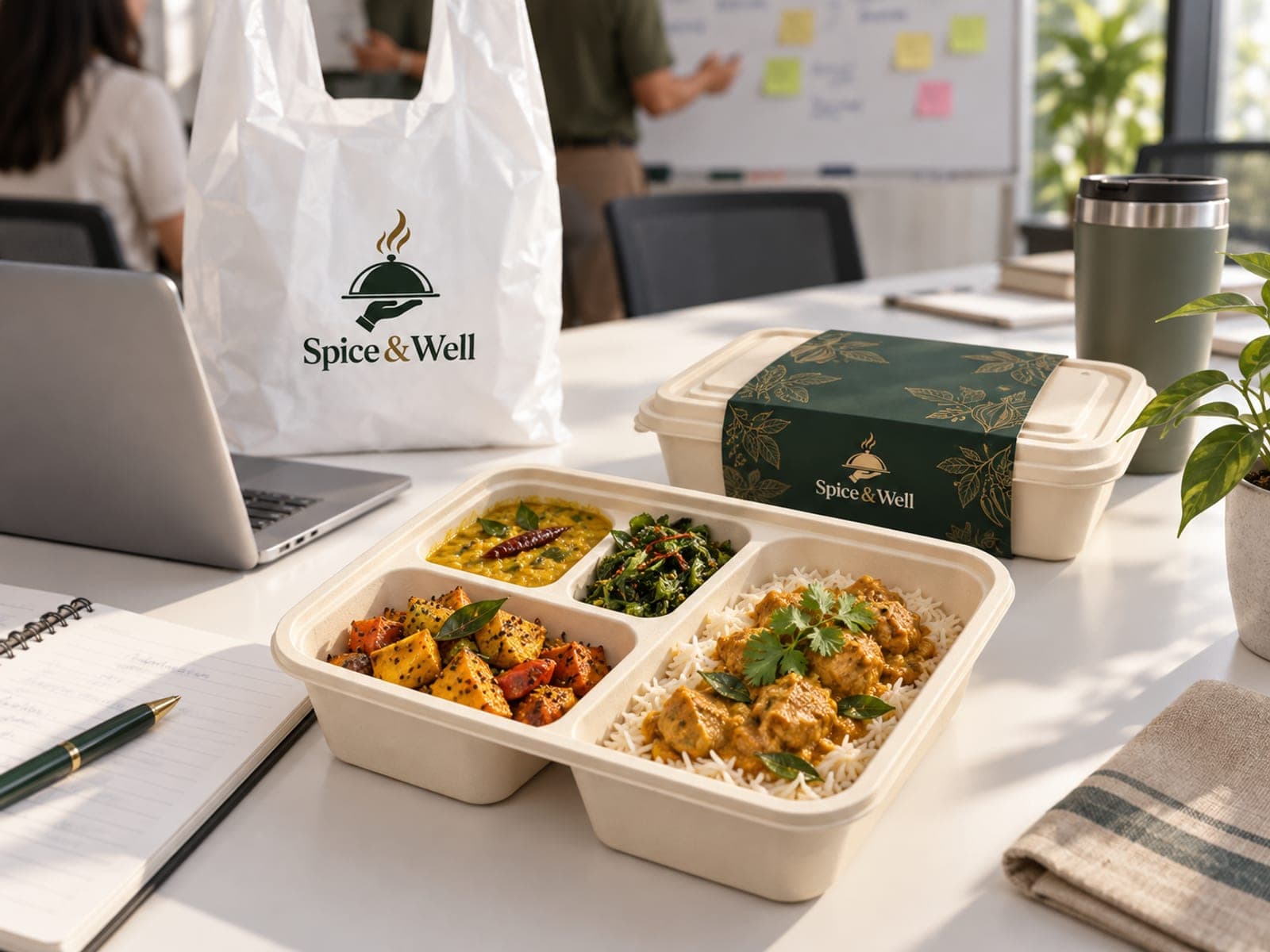 Meal boxes set out beside notebooks and a laptop in a workshop room