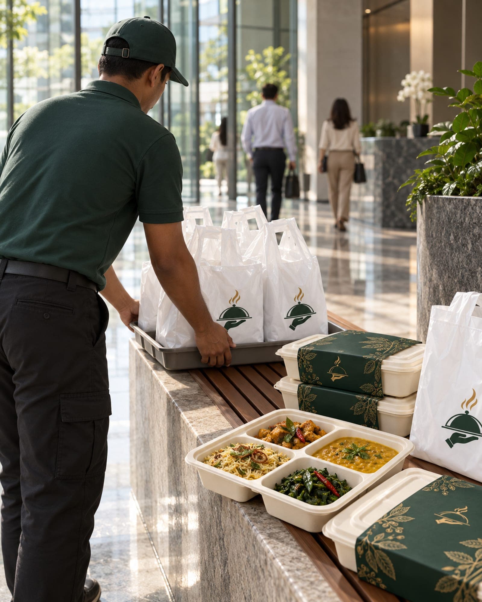 A rider setting Spice & Well meal bags down at an office building lobby in Singapore