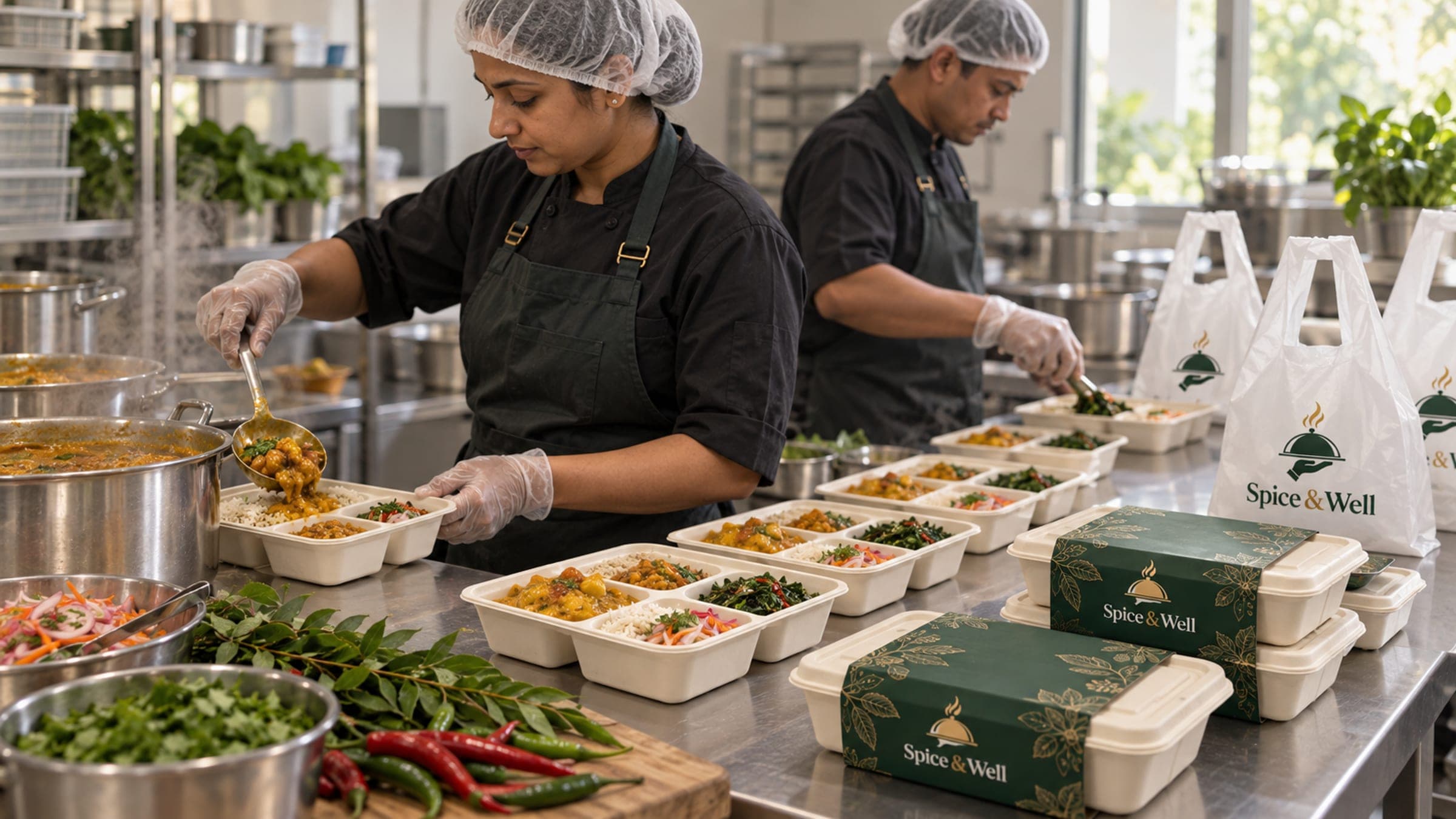 Cooks portioning curry and rice into meal boxes in a clean commercial kitchen
