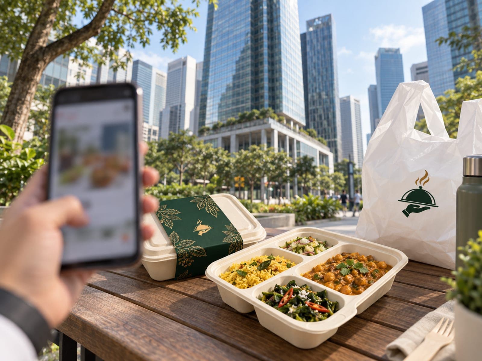 A phone held up in front of an office tower in Singapore