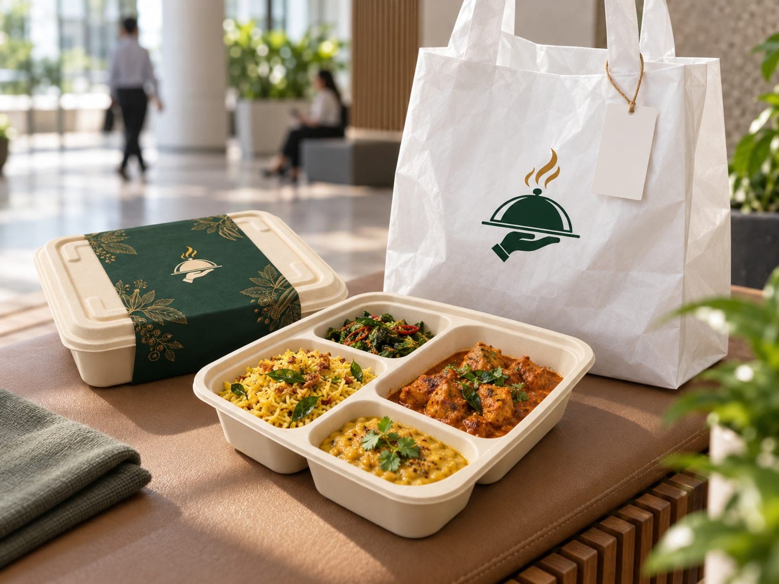 A Spice & Well carry bag with a white collection tag waiting at a lobby drop point