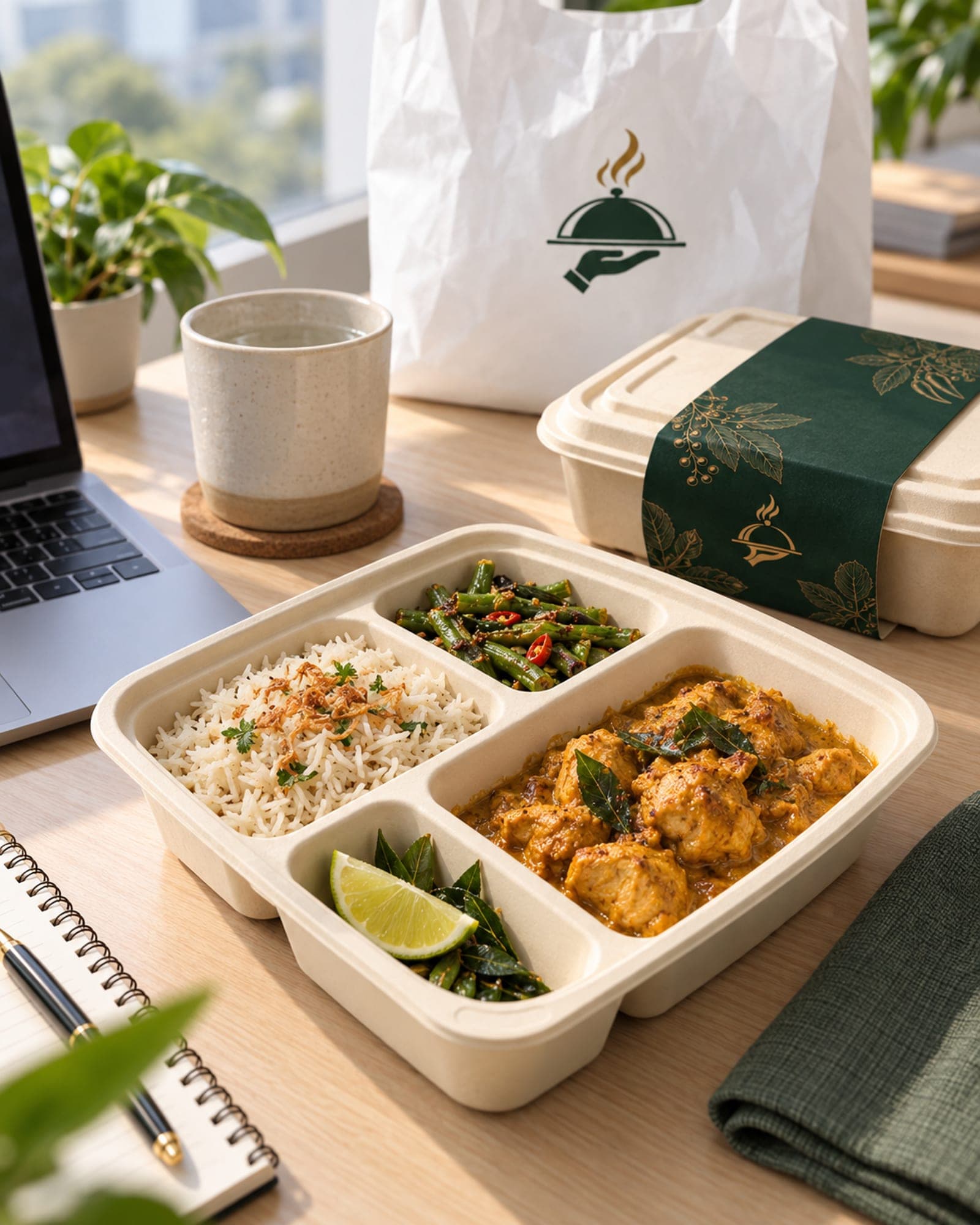 A Spice & Well lunch box opened on an office desk, with rice, curry and fresh greens