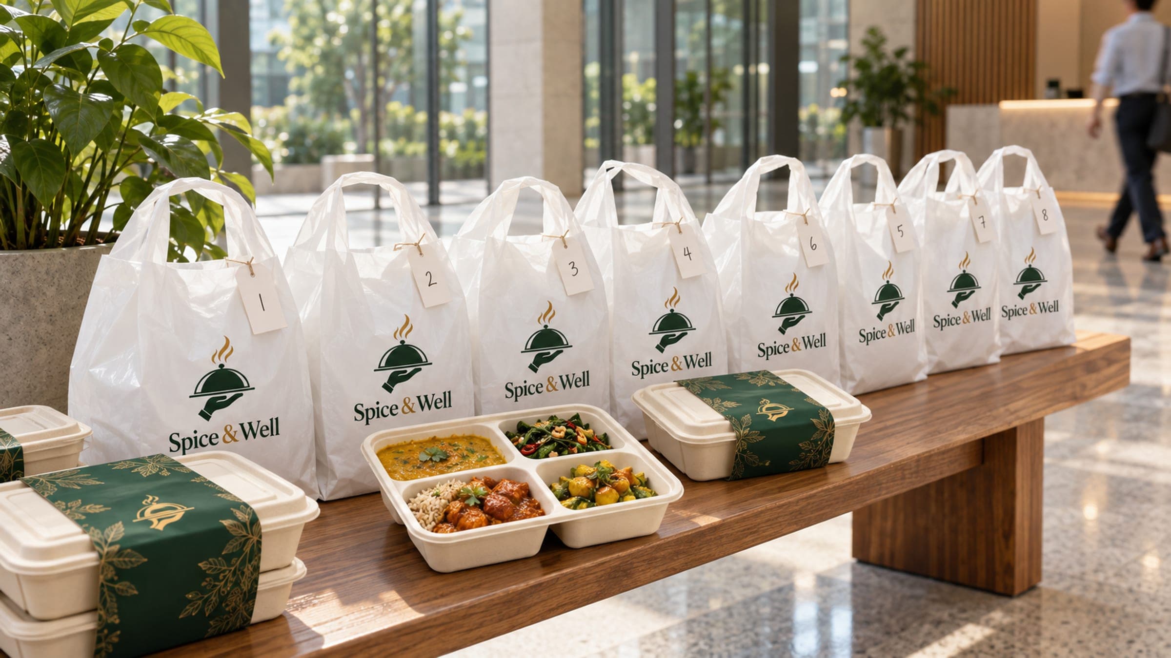 White Spice & Well carry bags lined up at an office lobby drop point