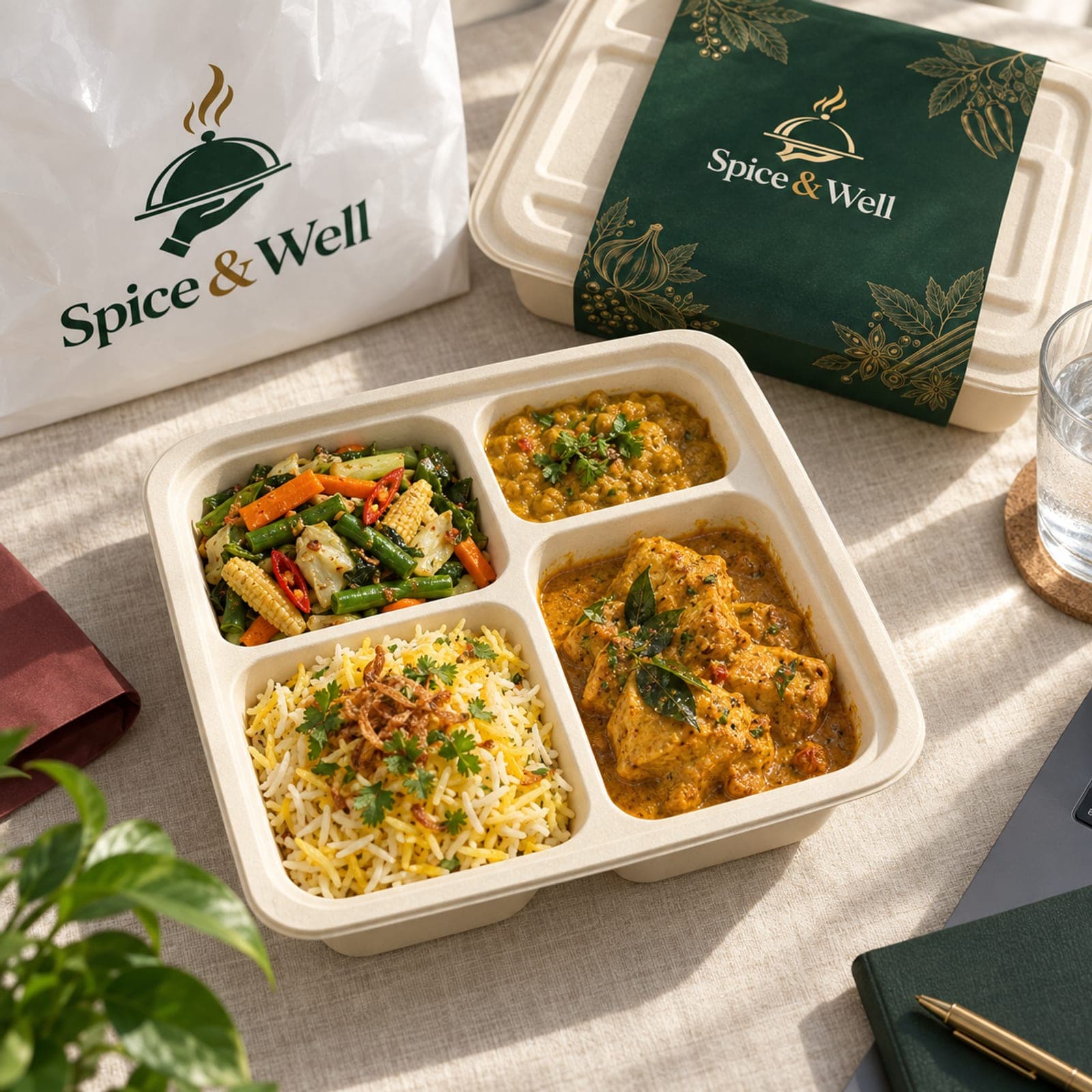 The Normal plate: rice, a chicken curry and stir-fried vegetables in a meal box