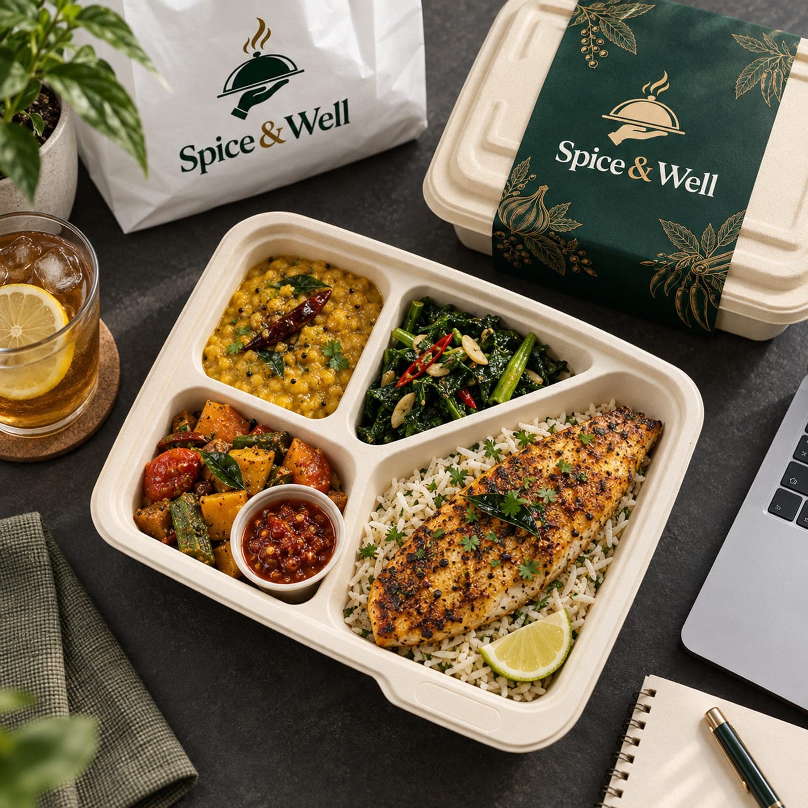 The Premium plate: a fuller box with grilled fish, two sides and herb rice