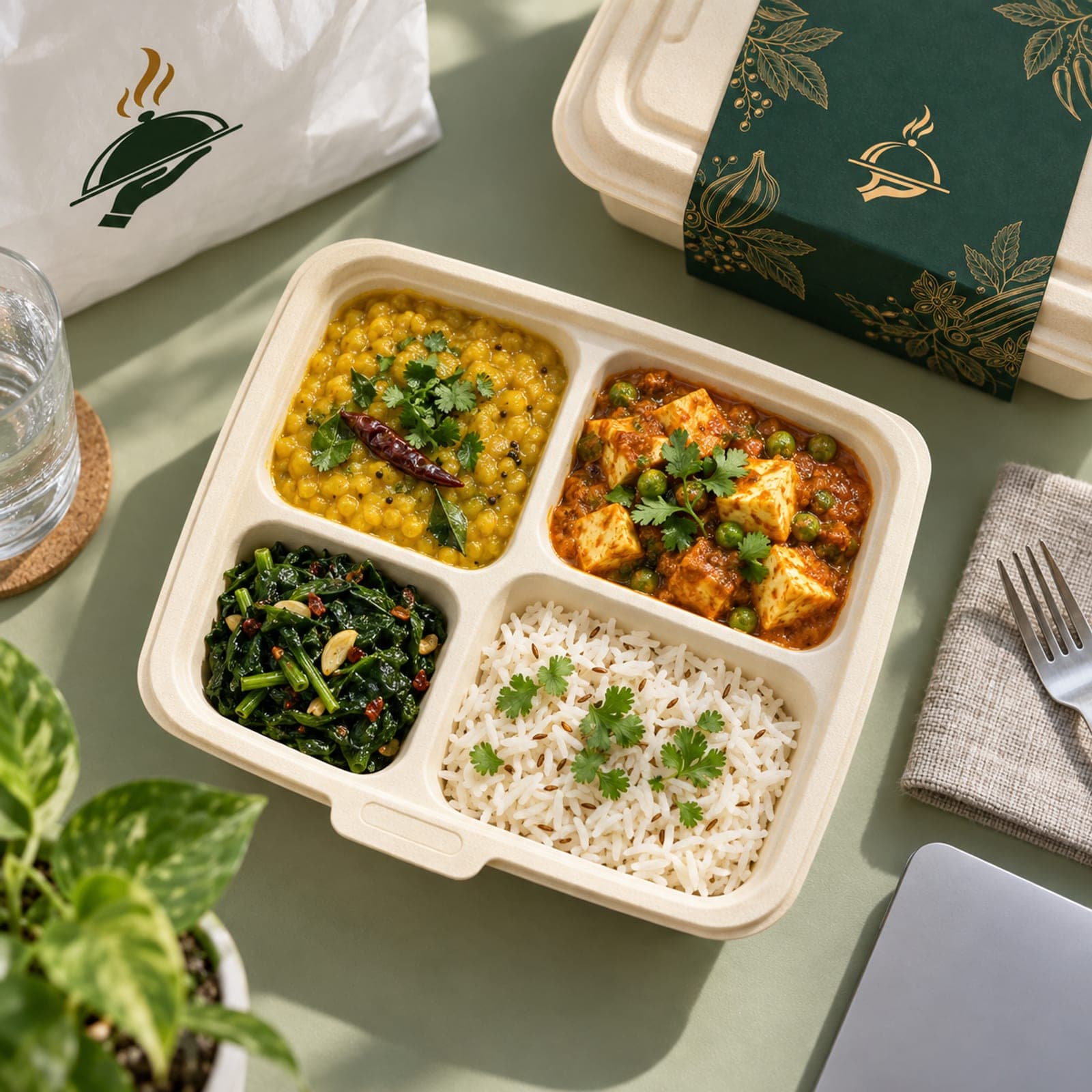 The Vegetarian plate: dal, paneer, greens and rice in a meal box