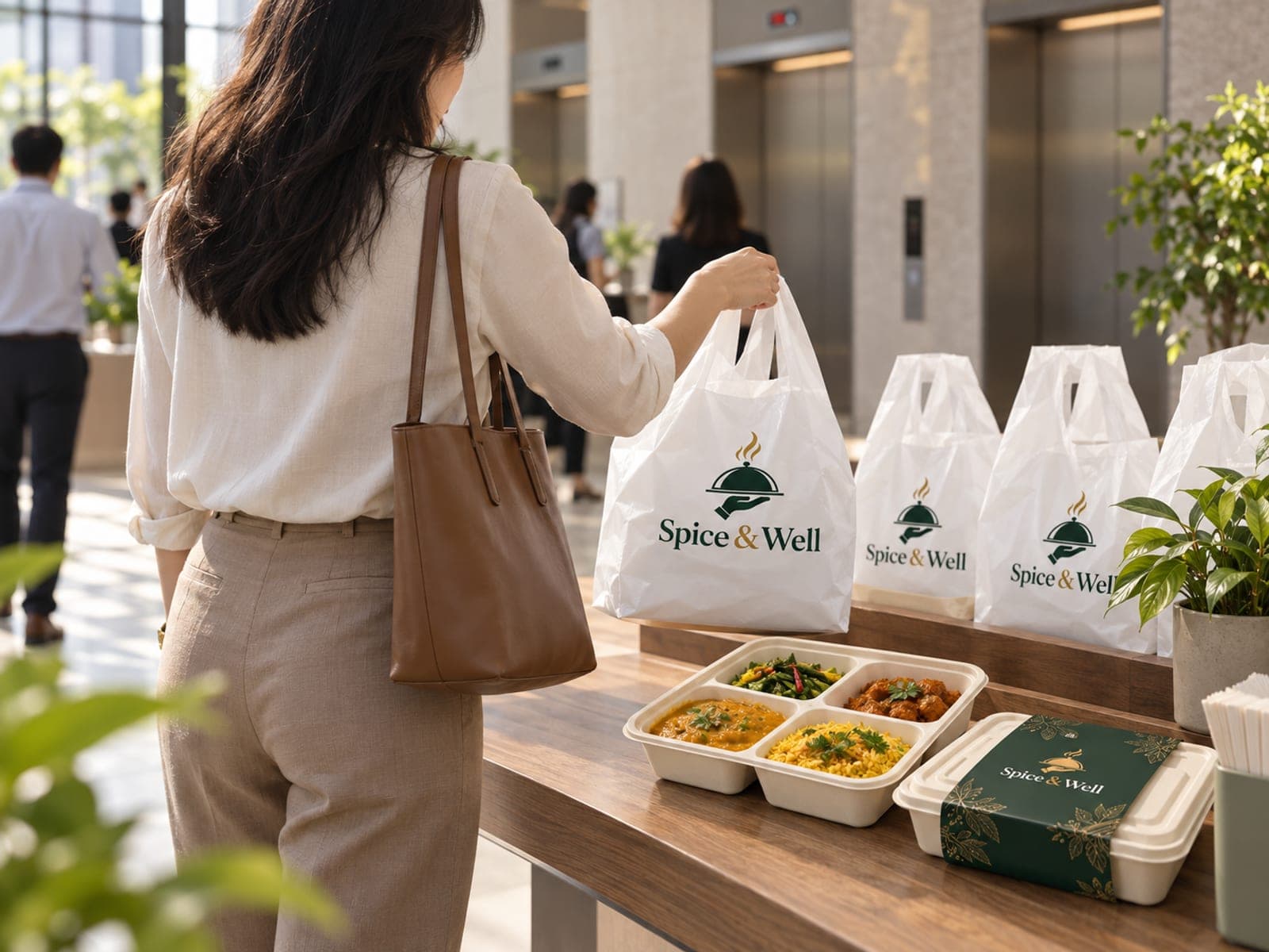 An office worker collecting a meal bag from the lobby drop point