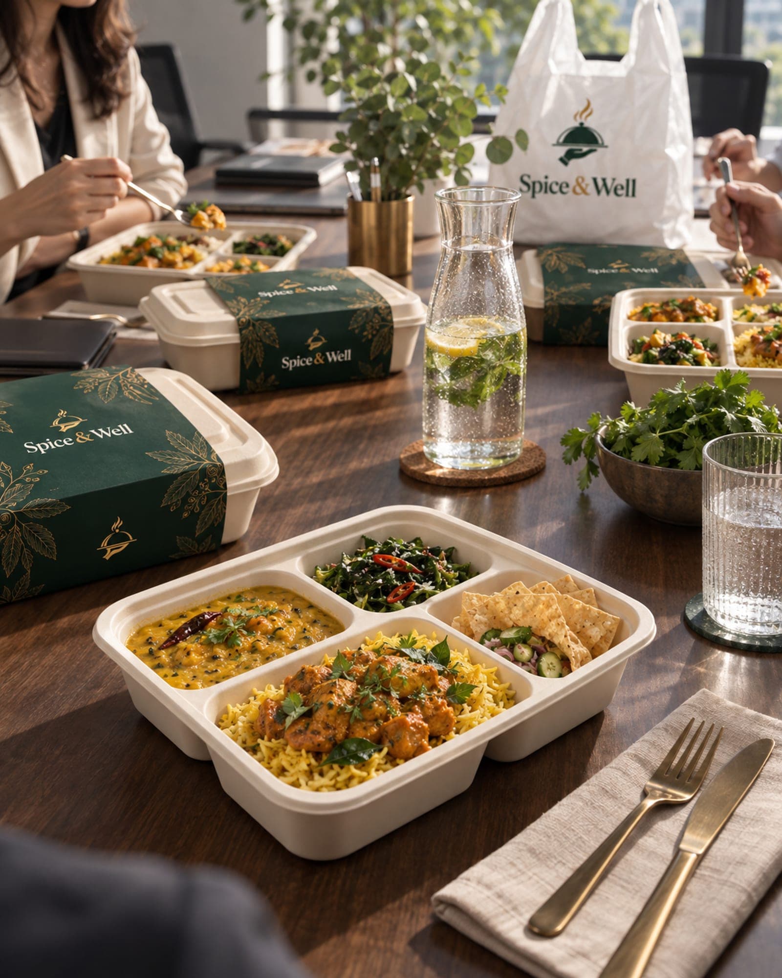 Meal boxes laid out along a meeting table for an office event