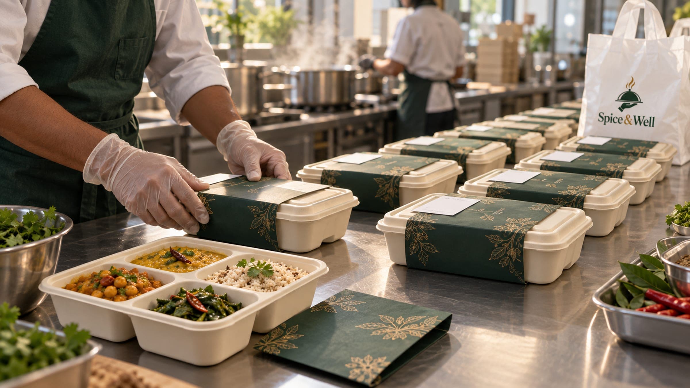 Rows of freshly packed meal boxes on a kitchen counter, each one already ordered