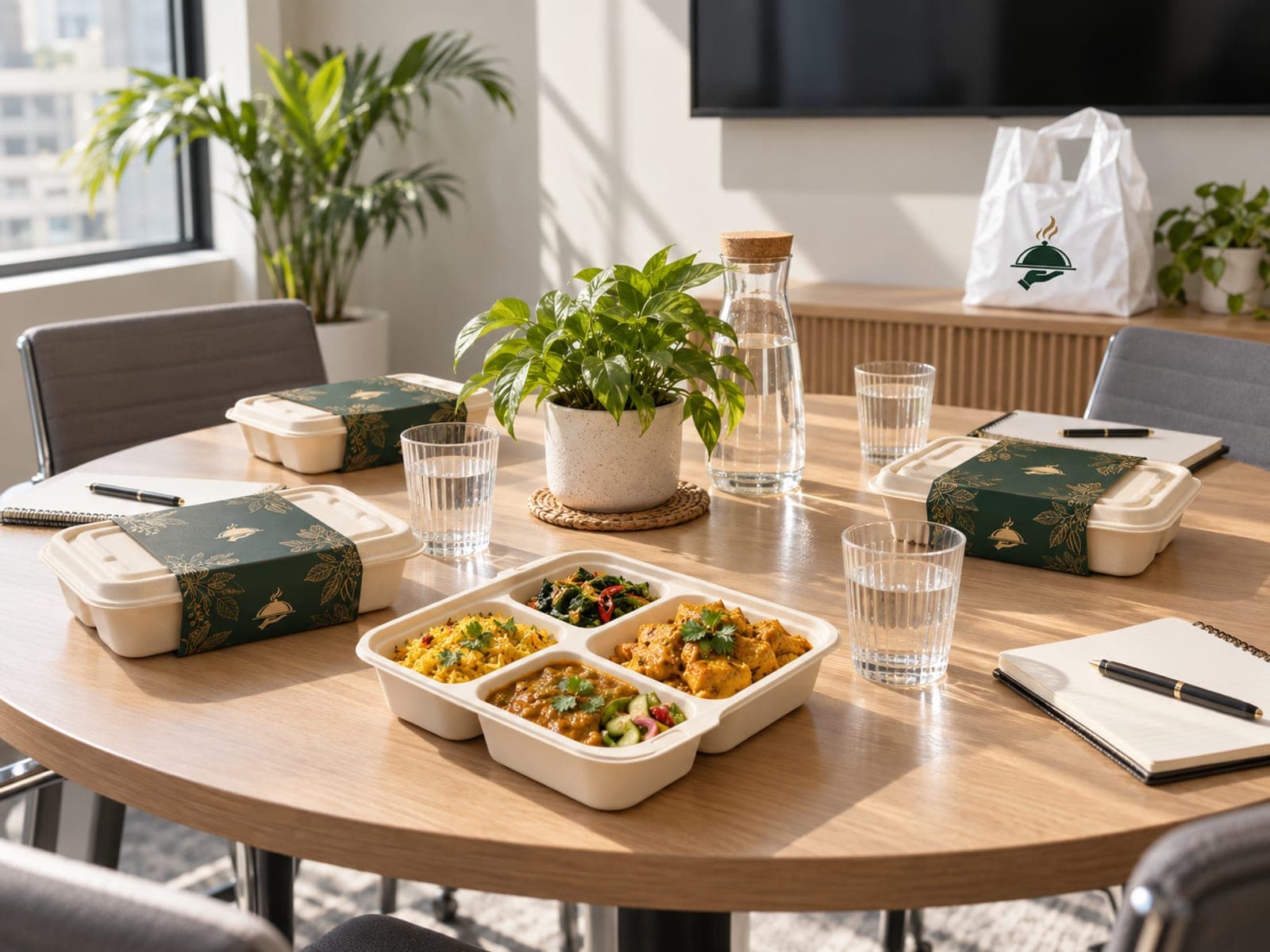 Meal boxes set at each place around a small meeting-room table