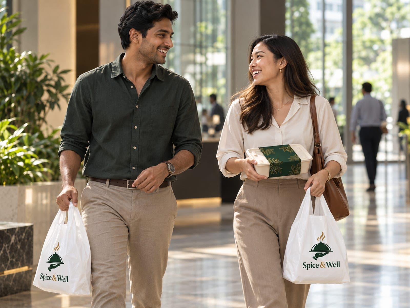 Two colleagues collecting their meal bags together in an office lobby