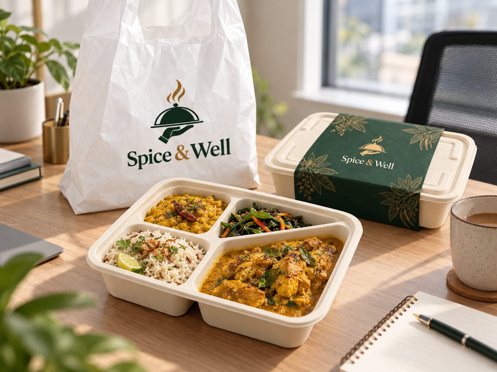 A compartment meal box and a white Spice & Well carry bag on a sunlit office desk
