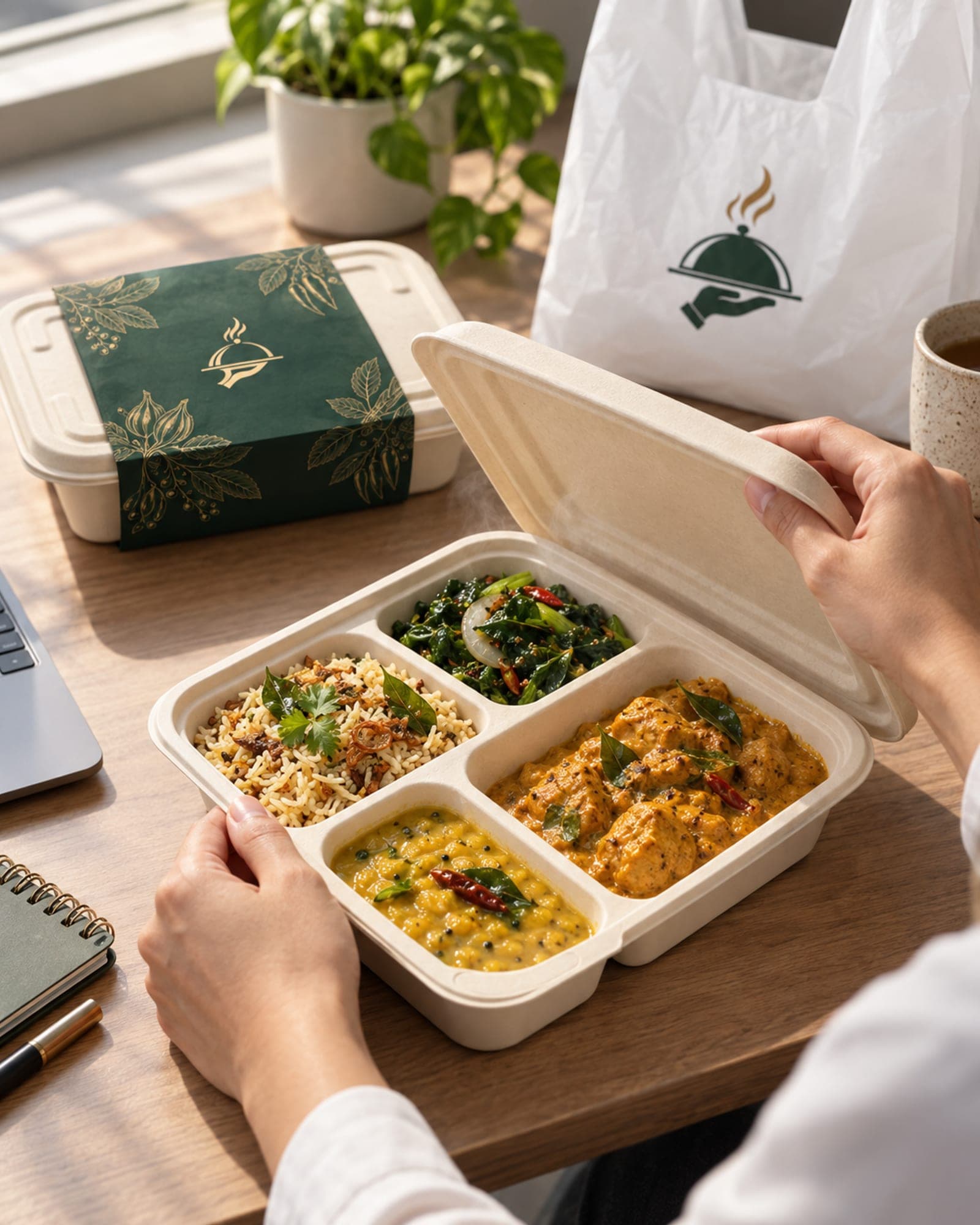 Hands lifting the lid on a Spice & Well lunch box of curry, rice and greens at an office desk
